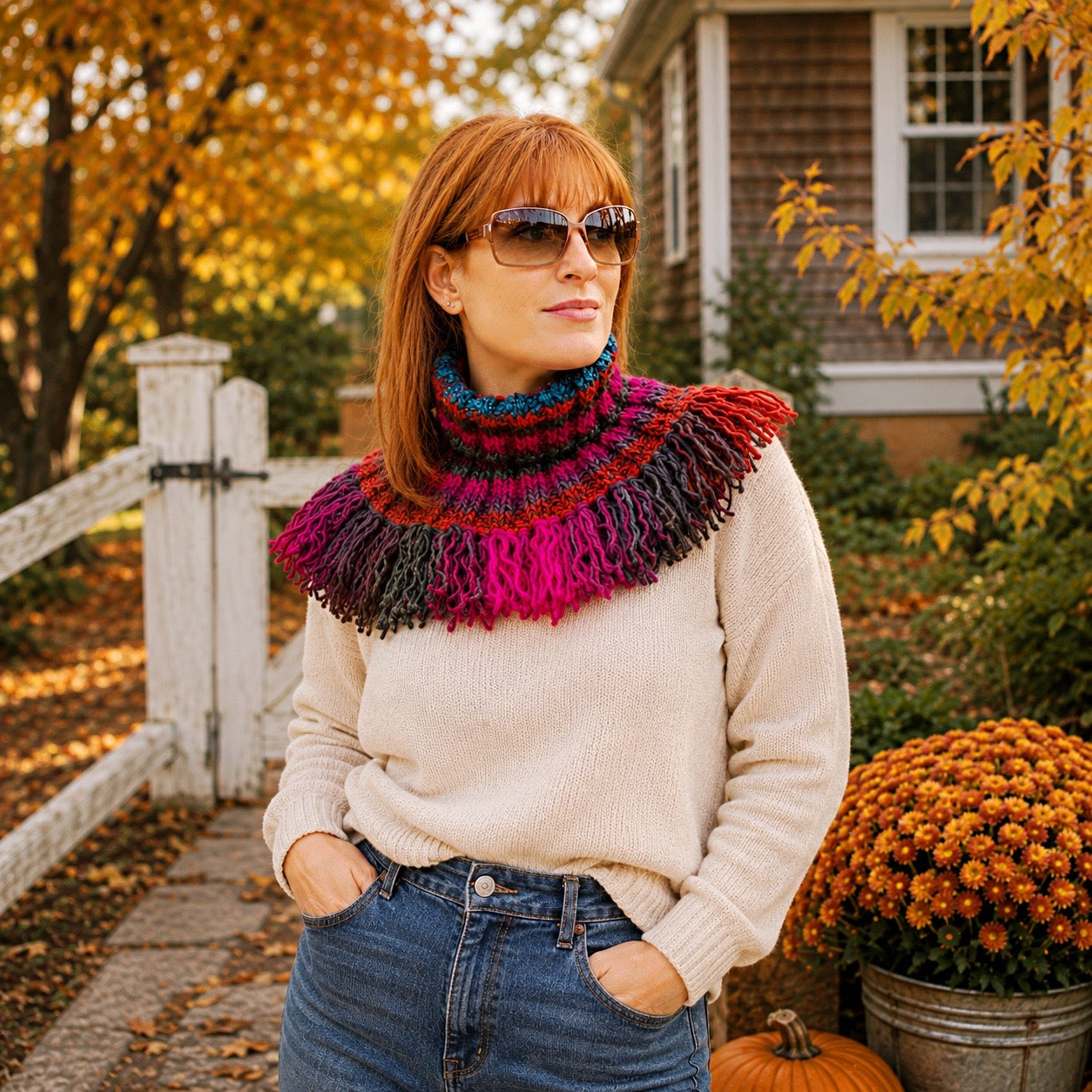 Easy Flat Knit Fringe Cowl Knitting Pattern