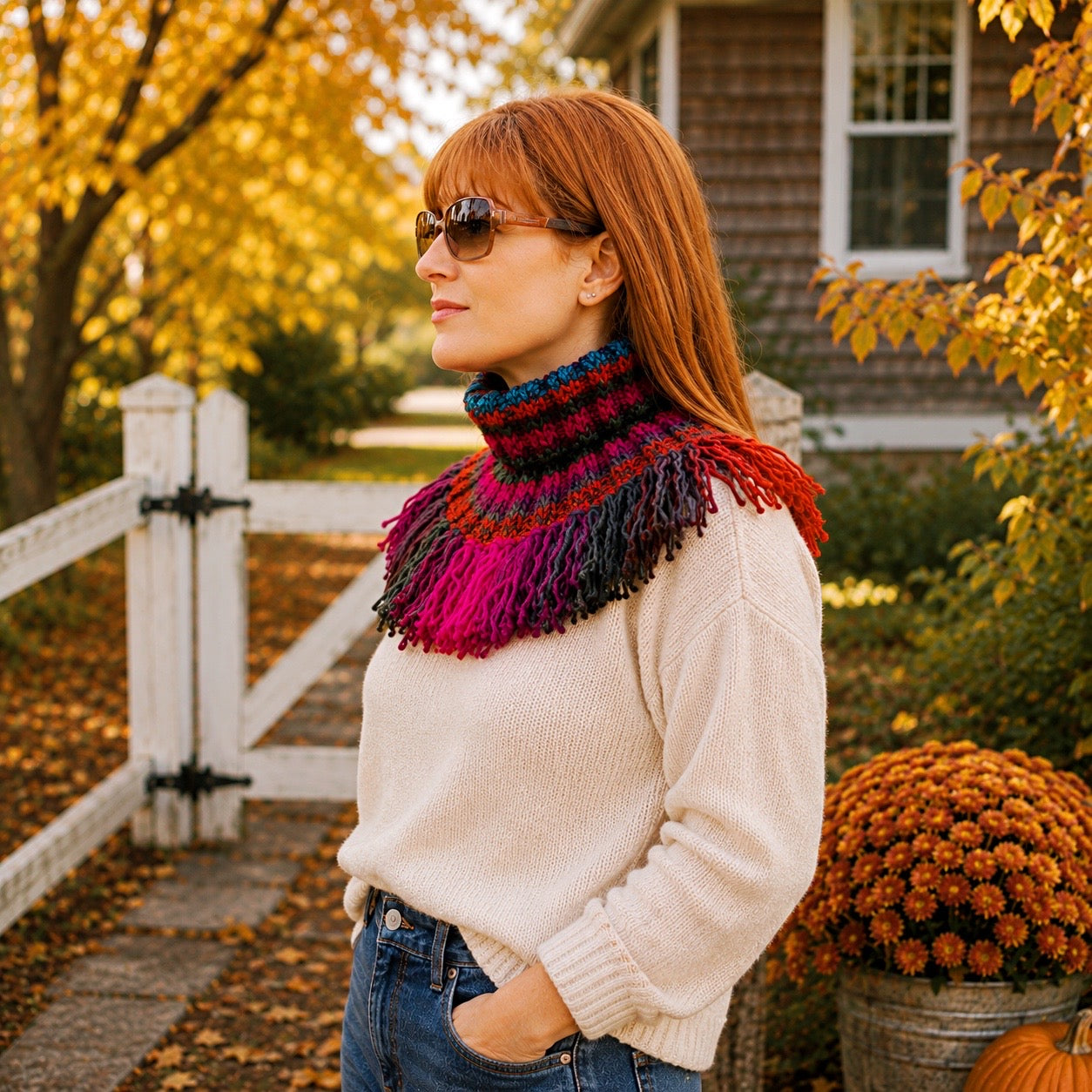 Easy Flat Knit Fringe Cowl Knitting Pattern