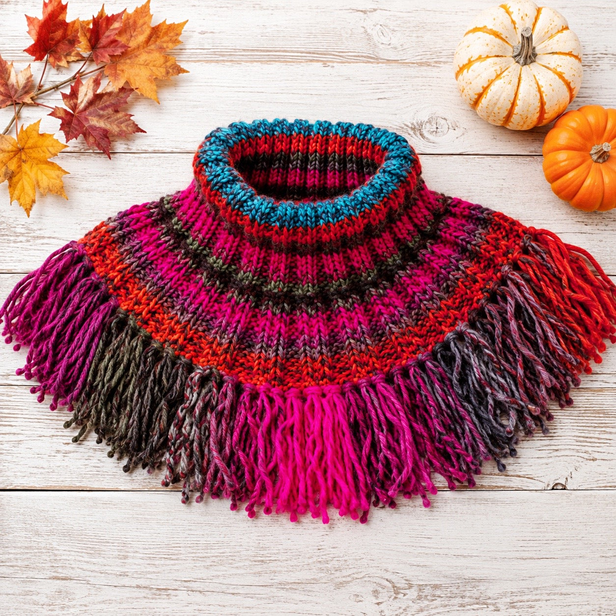 Easy Flat Knit Fringe Cowl Knitting Pattern