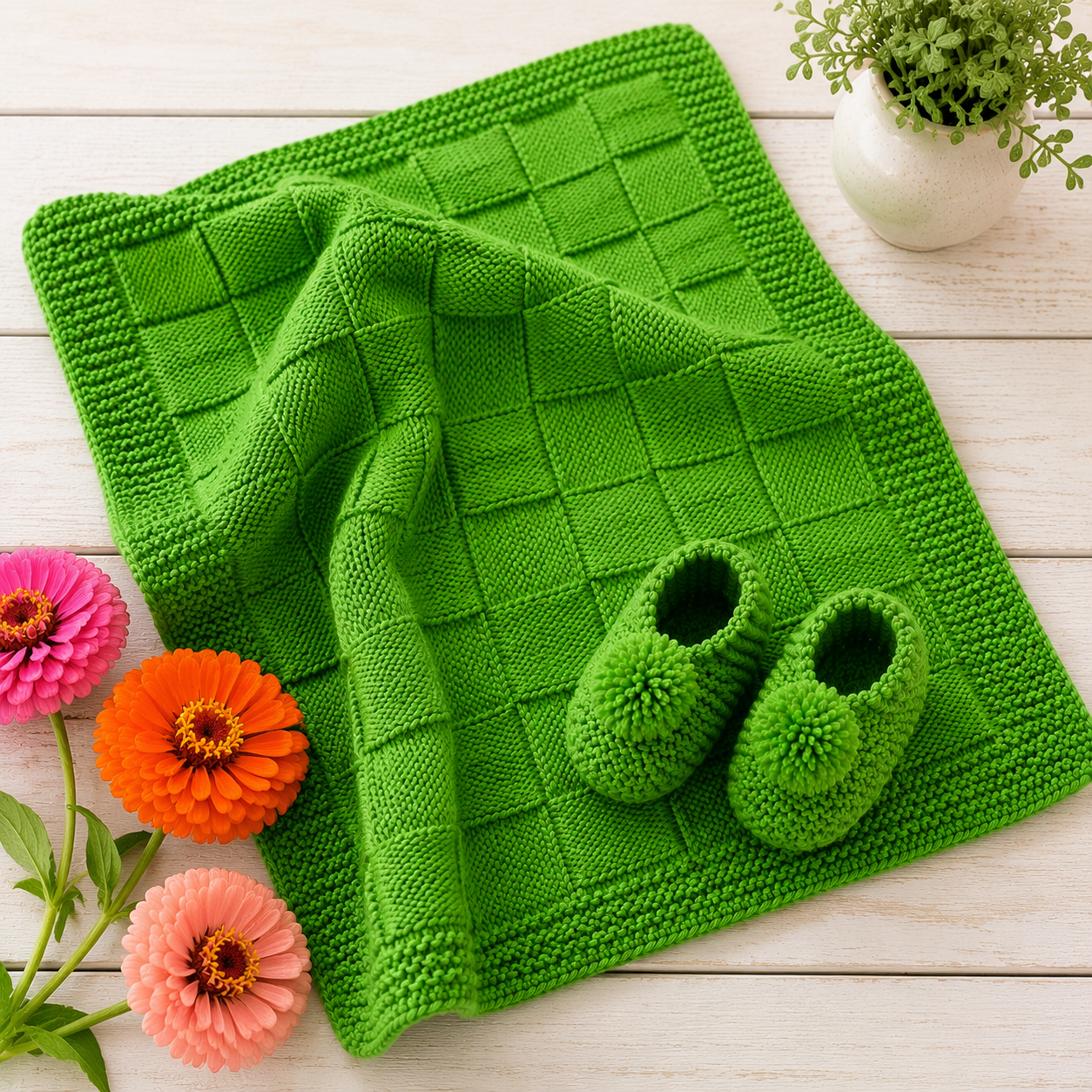 Beginner Friendly Basketweave Baby Blanket and Garter Stitch Booties Set