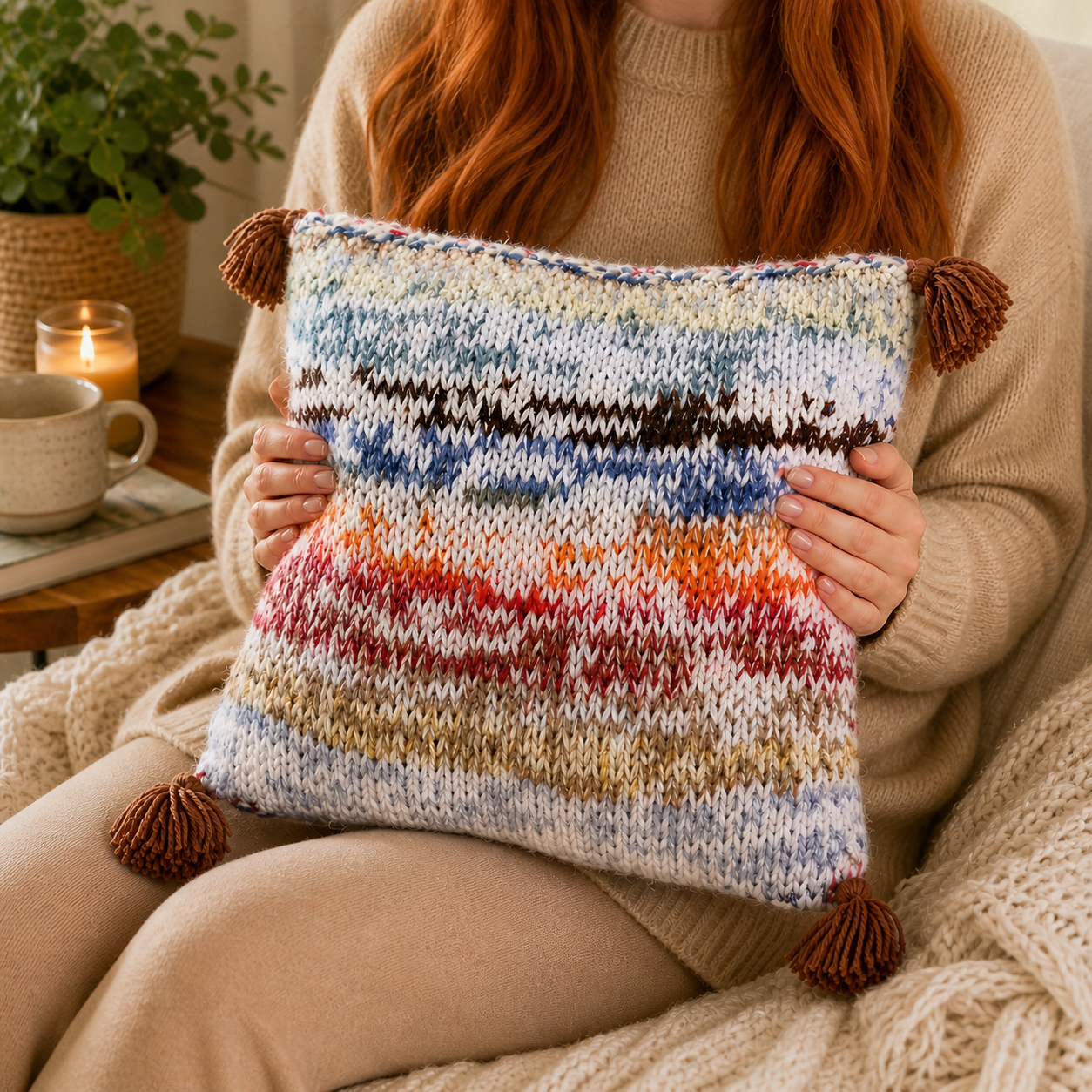 Scrap Busting Tassel Pillow Knitting Pattern
