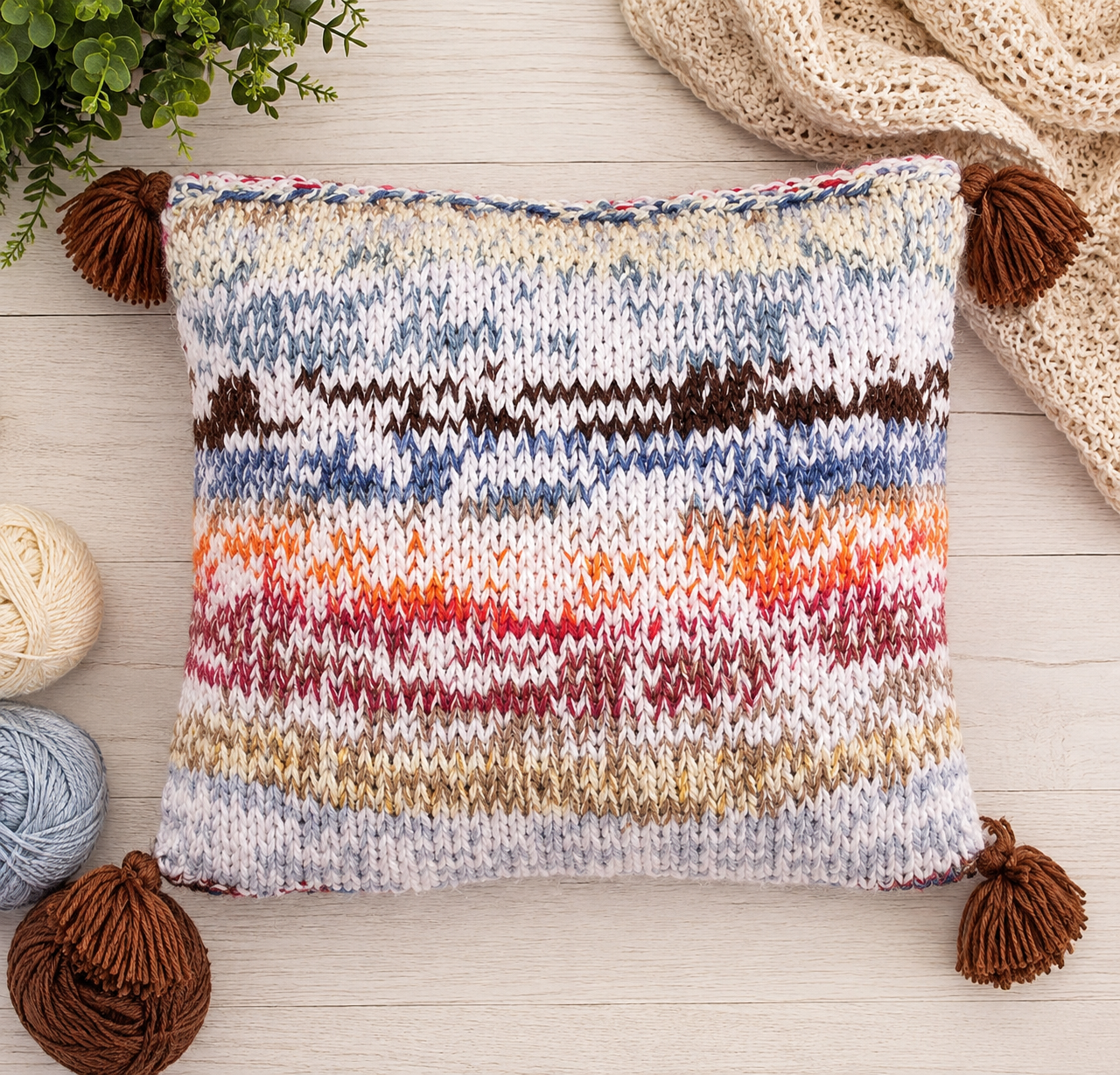Scrap Busting Tassel Pillow Knitting Pattern