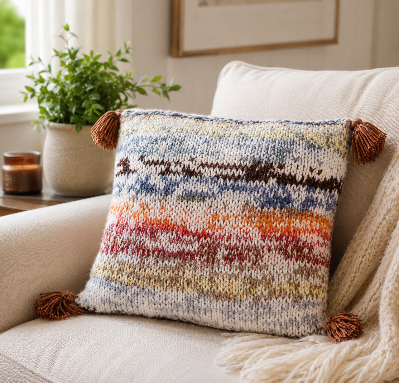 Scrap Busting Tassel Pillow Knitting Pattern