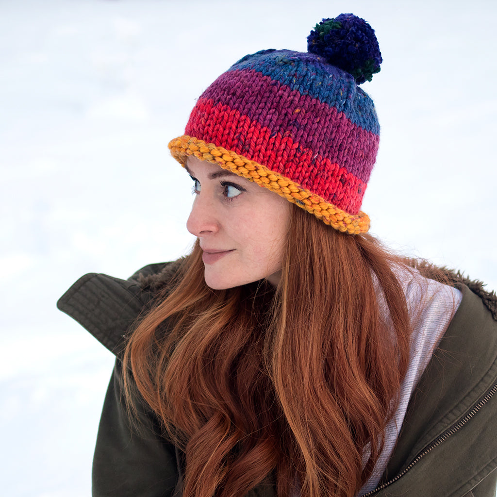 Flat knit hat beginner knitting pattern by Gina Michele
